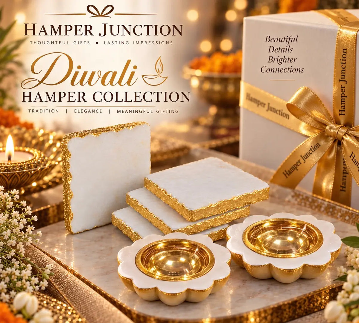 Diwali Hamper – Marble Coasters & Brass Diyas