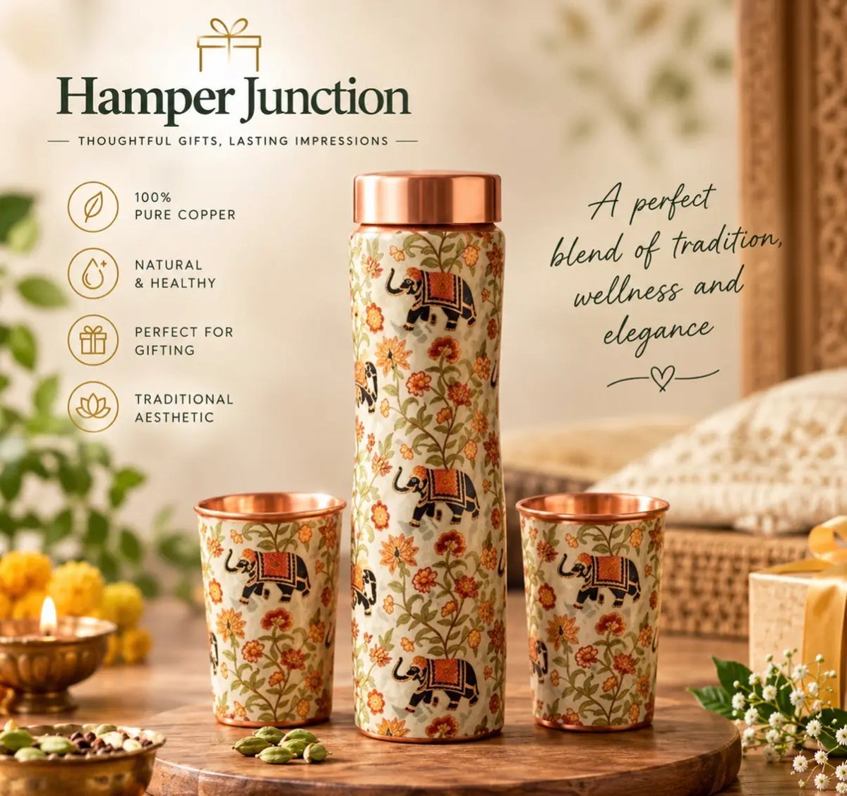Traditional Copper Bottle & Tumbler Set – Elephant Design
