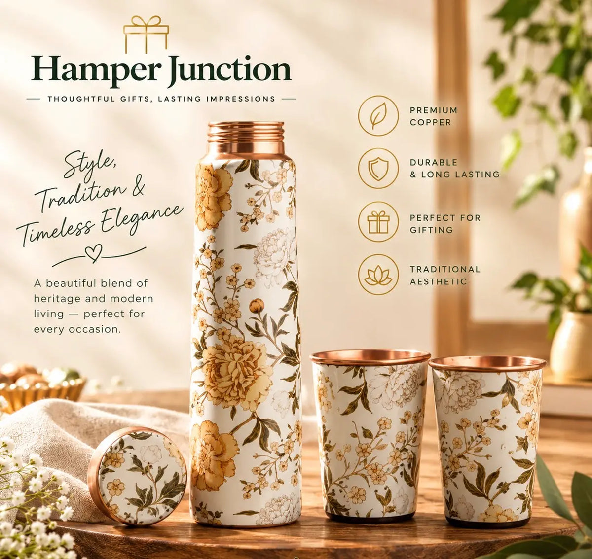 Traditional Copper Bottle & Tumbler Set – Floral Design